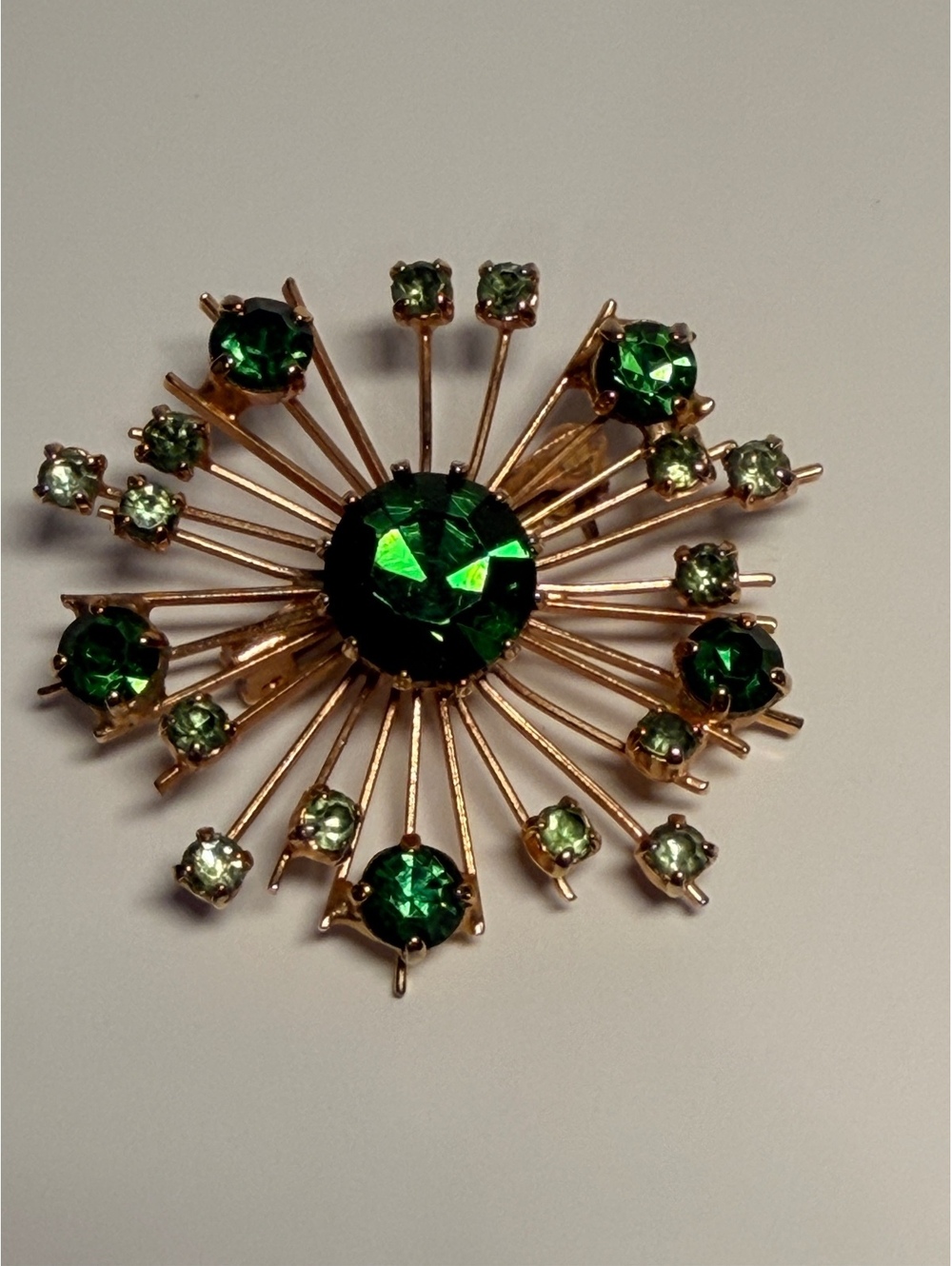 Mid century Modern MCM Atomic Starburst Green Rhinestone Brooch